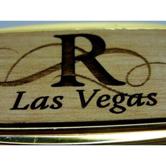 Money Clip "R" Las Vegas Wallet Credit Card Holder Gold Tone Wooden - Picture 9 of 10